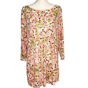 J. Jill Love Linen Pink Floral Short Dress Long Sleeve Drop Waist Womens Size L